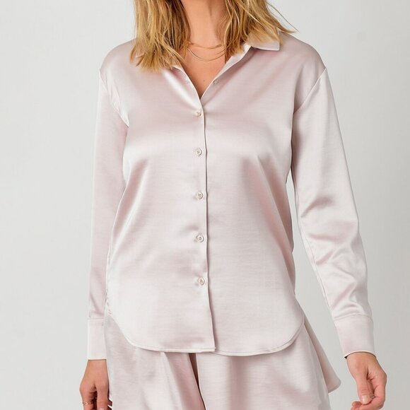 MYSTREE Mauve Satin Blouse – Long Sleeve Button Down Top Dressy Silky Shirt - Picture 1 of 4